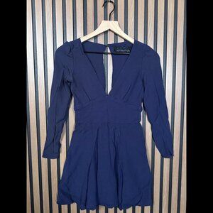 Reformation Mini Dress Small Blue Navy Long Sleeve Keyhole Back V Neck Fit Flare